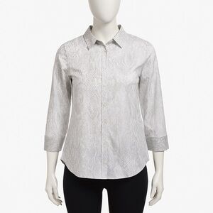 Chicos Shirt Women 12 Snakeskin Button Down 3/4 Sleeve Collared Top Gray Neutral